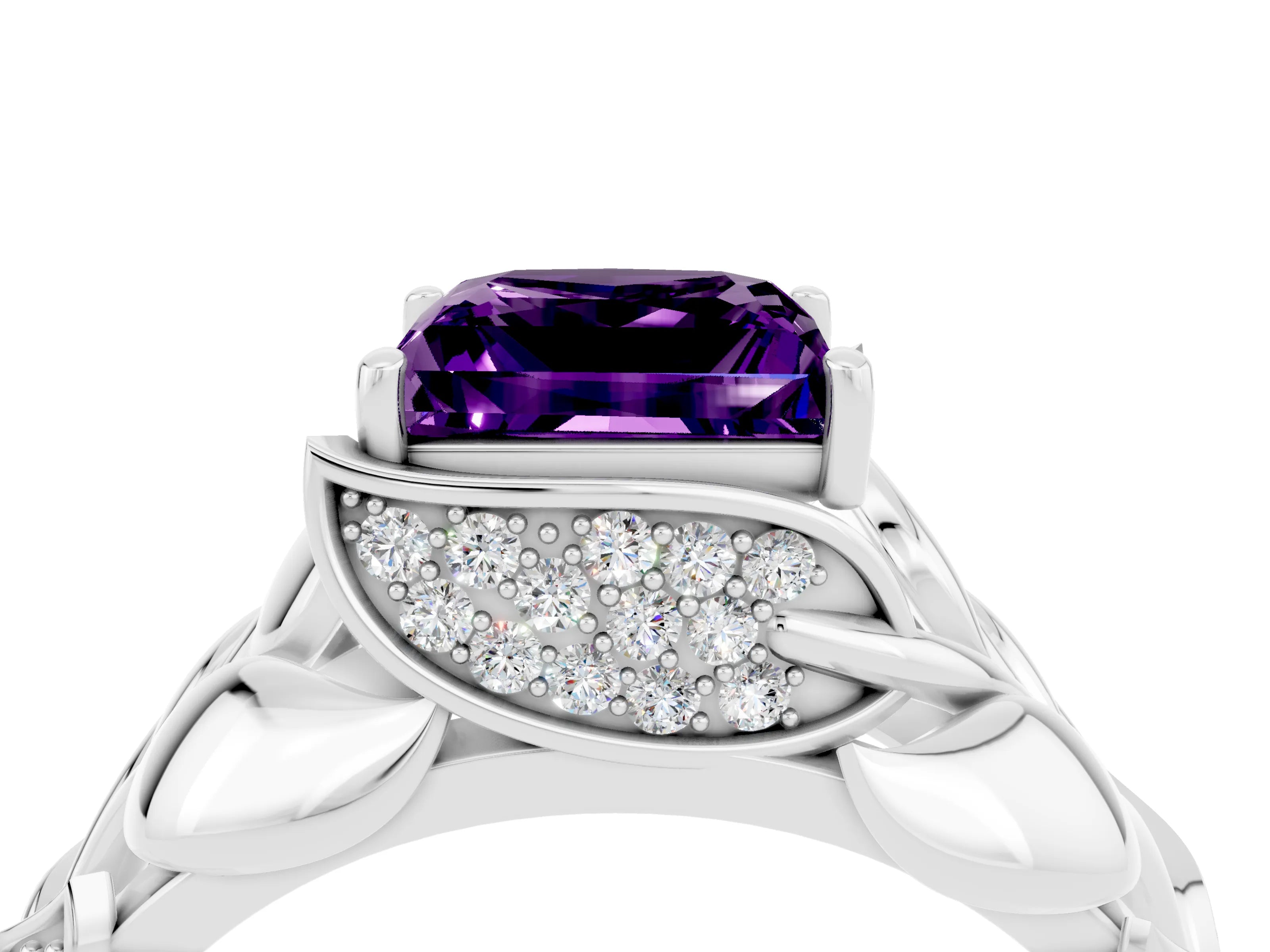 White gold Princess Cut Solitaire Leaf-Inspired Engagement Ring with Prong Setting_4