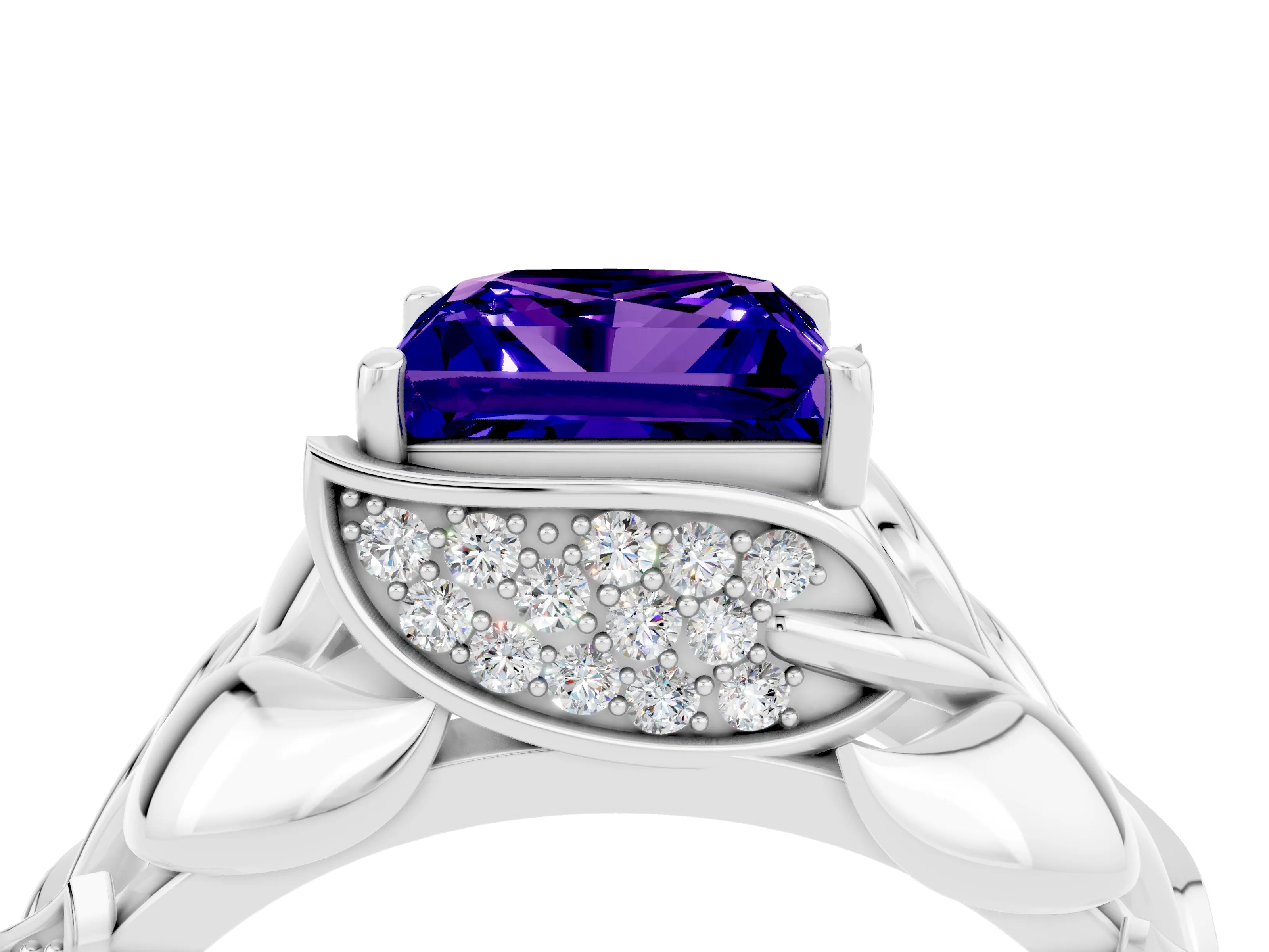 White gold Princess Cut Solitaire Leaf-Inspired Engagement Ring with Prong Setting_4