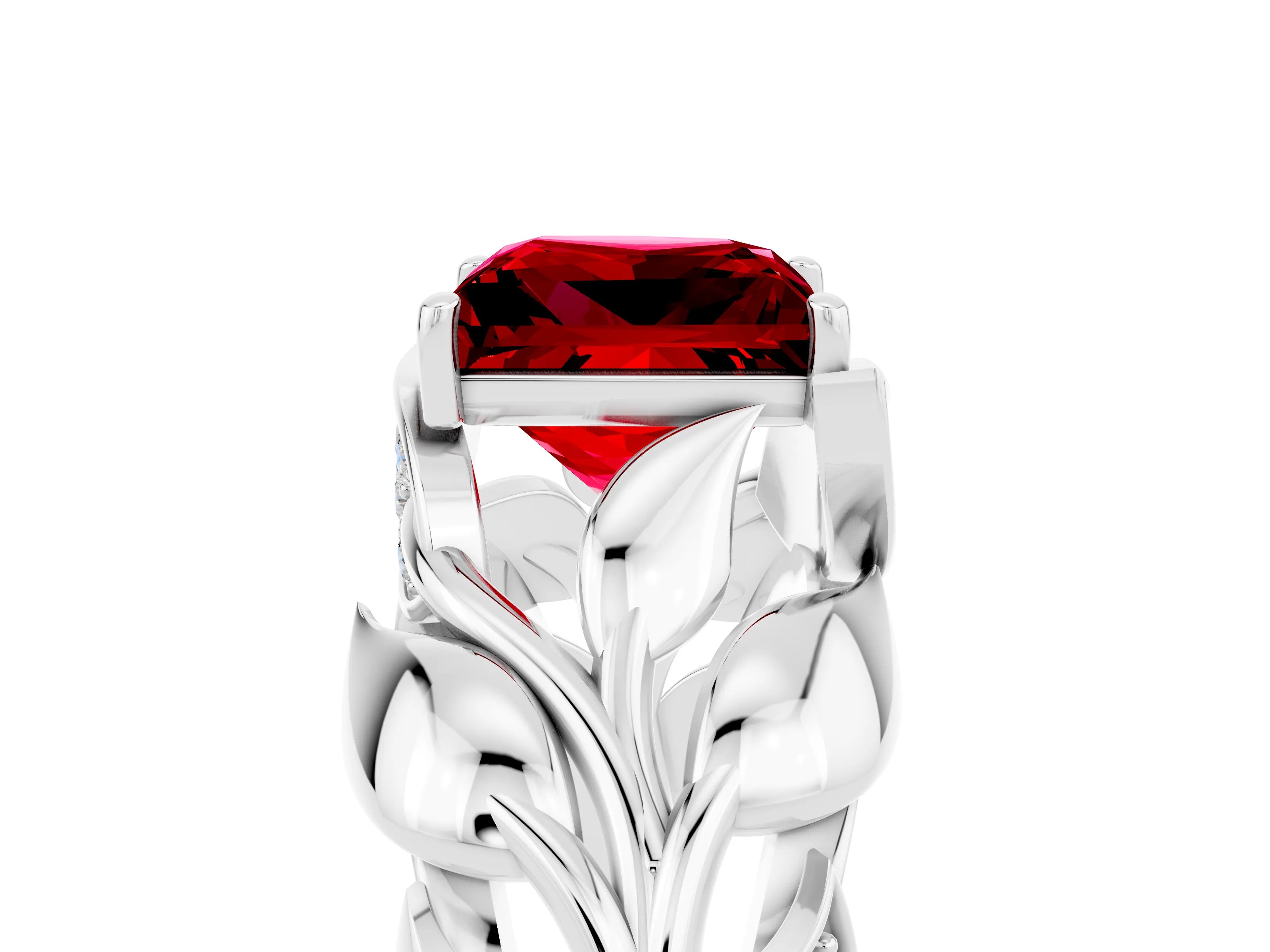 White gold Princess Cut Solitaire Leaf-Inspired Engagement Ring with Prong Setting_5