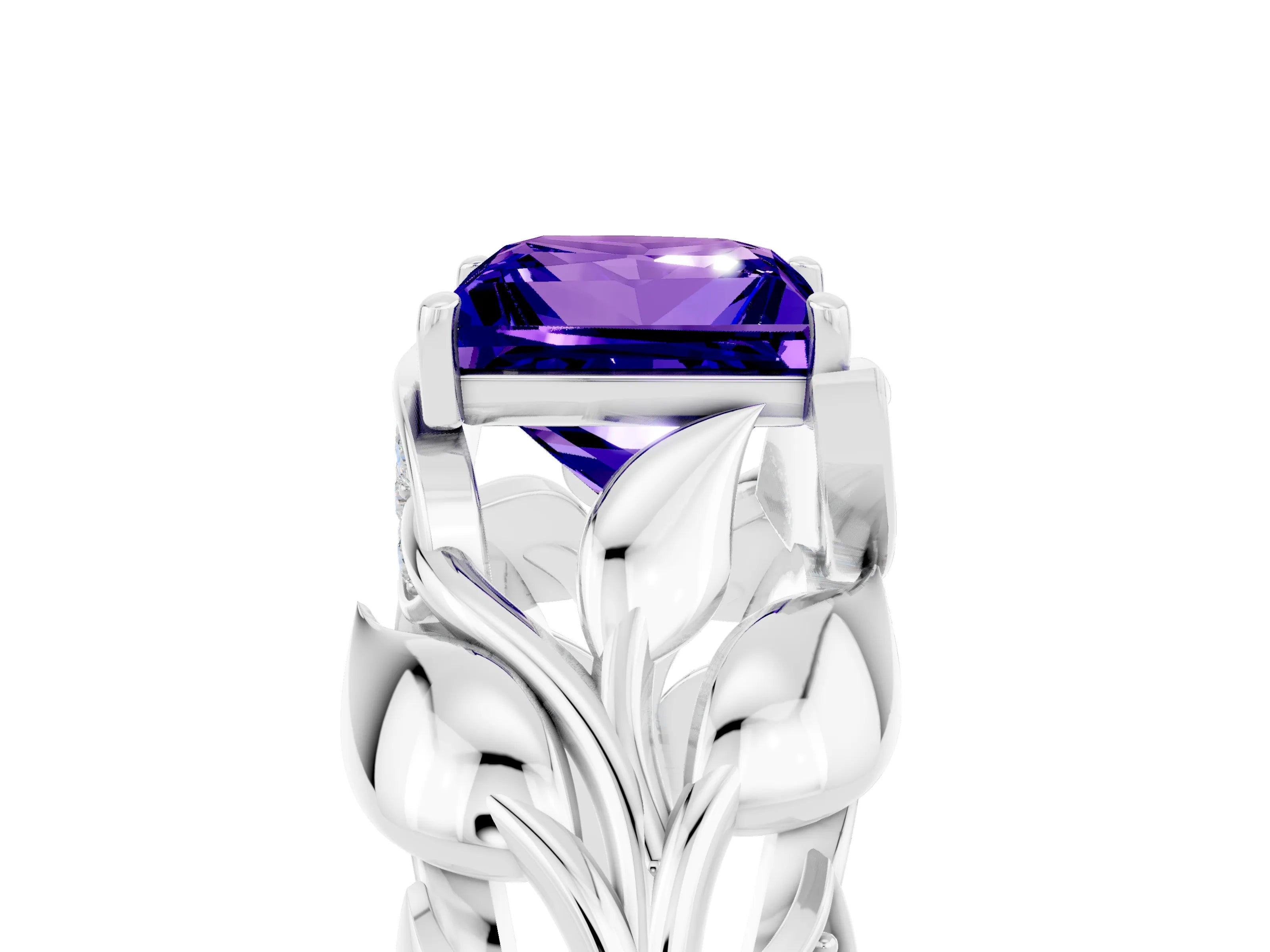 White gold Princess Cut Solitaire Leaf-Inspired Engagement Ring with Prong Setting_5