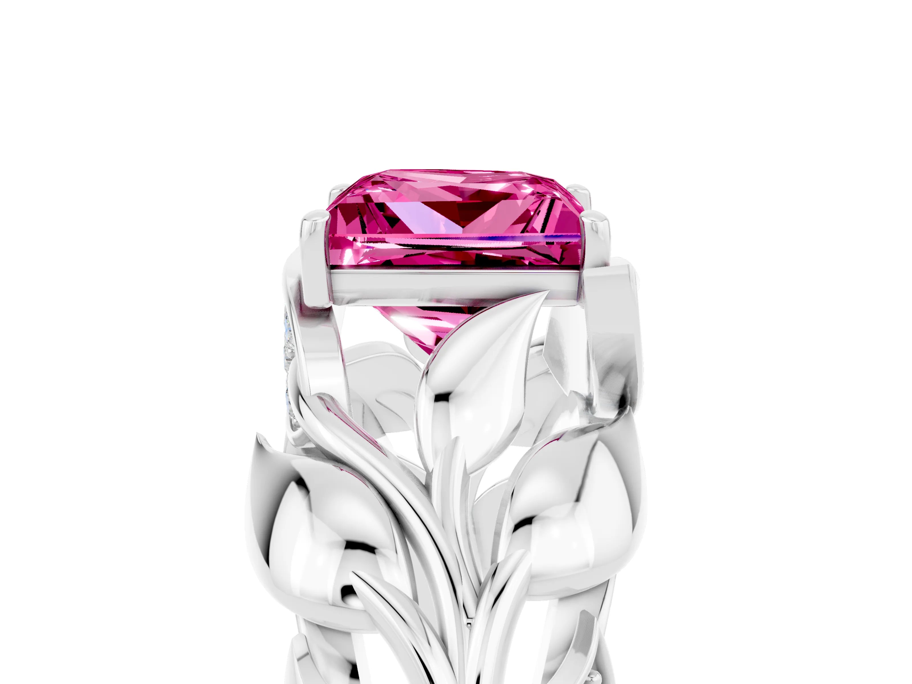 White gold Princess Cut Solitaire Leaf-Inspired Engagement Ring with Prong Setting_5