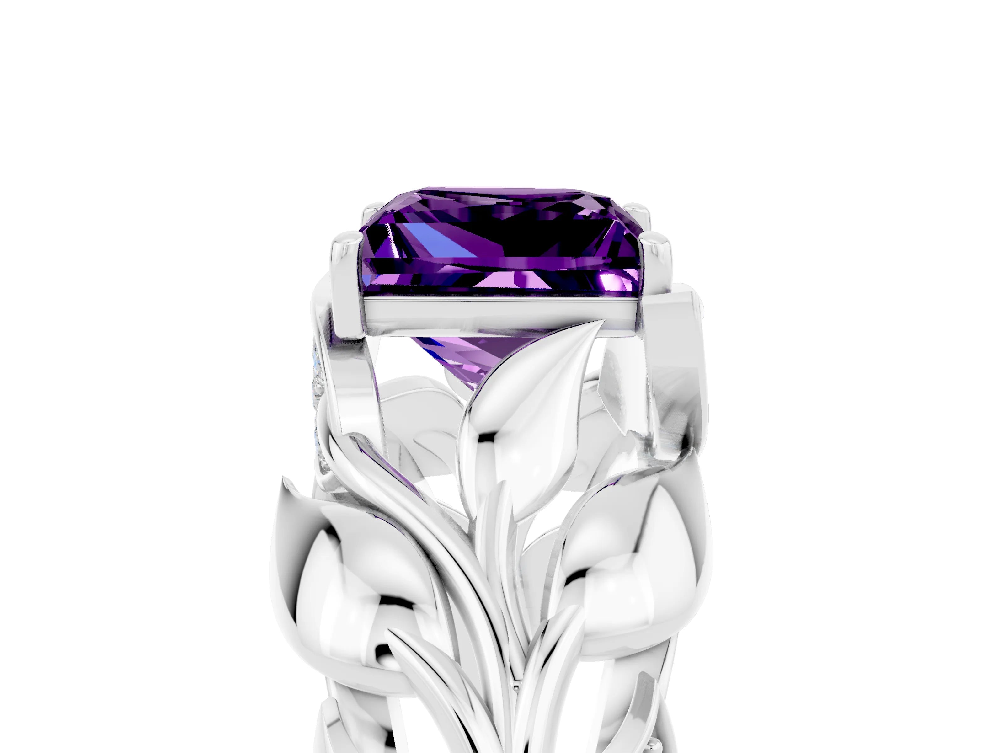 White gold Princess Cut Solitaire Leaf-Inspired Engagement Ring with Prong Setting_5
