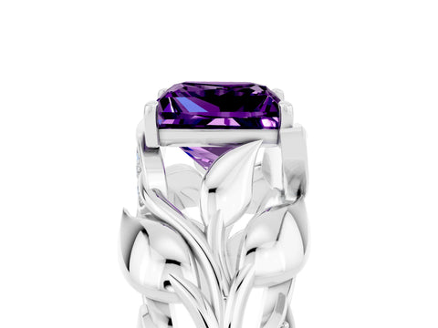 White gold Princess Cut Solitaire Leaf-Inspired Engagement Ring with Prong Setting_5