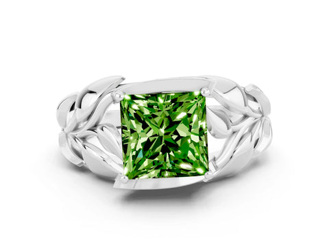 White gold Princess Cut Solitaire Leaf-Inspired Engagement Ring with Prong Setting