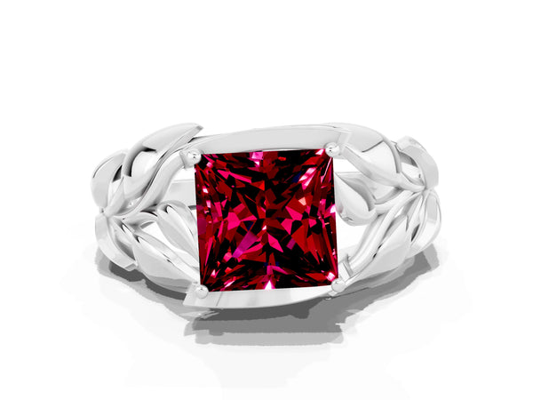 Silver Princess Cut Garnet Leaf-Inspired Engagement Ring with Round Accents and Prong Setting