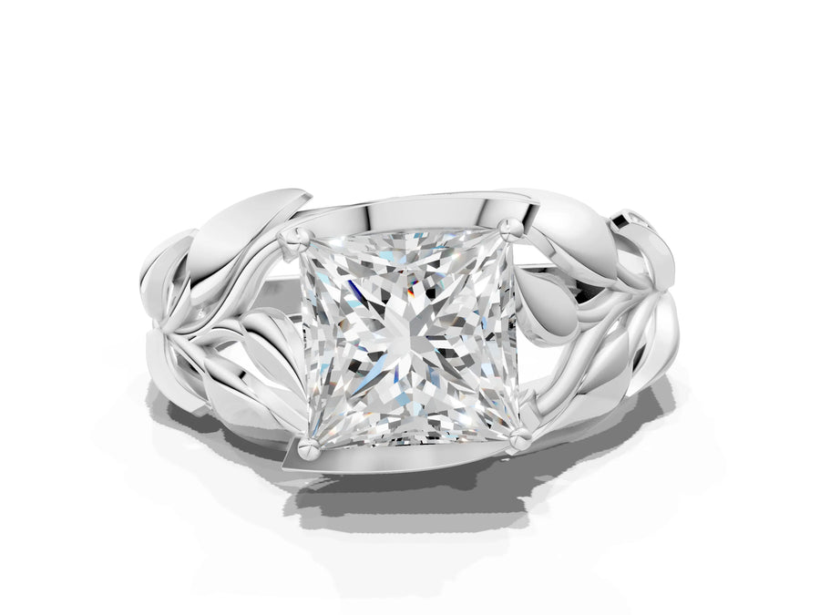 White gold Princess Cut Solitaire Leaf-Inspired Engagement Ring with Prong Setting
