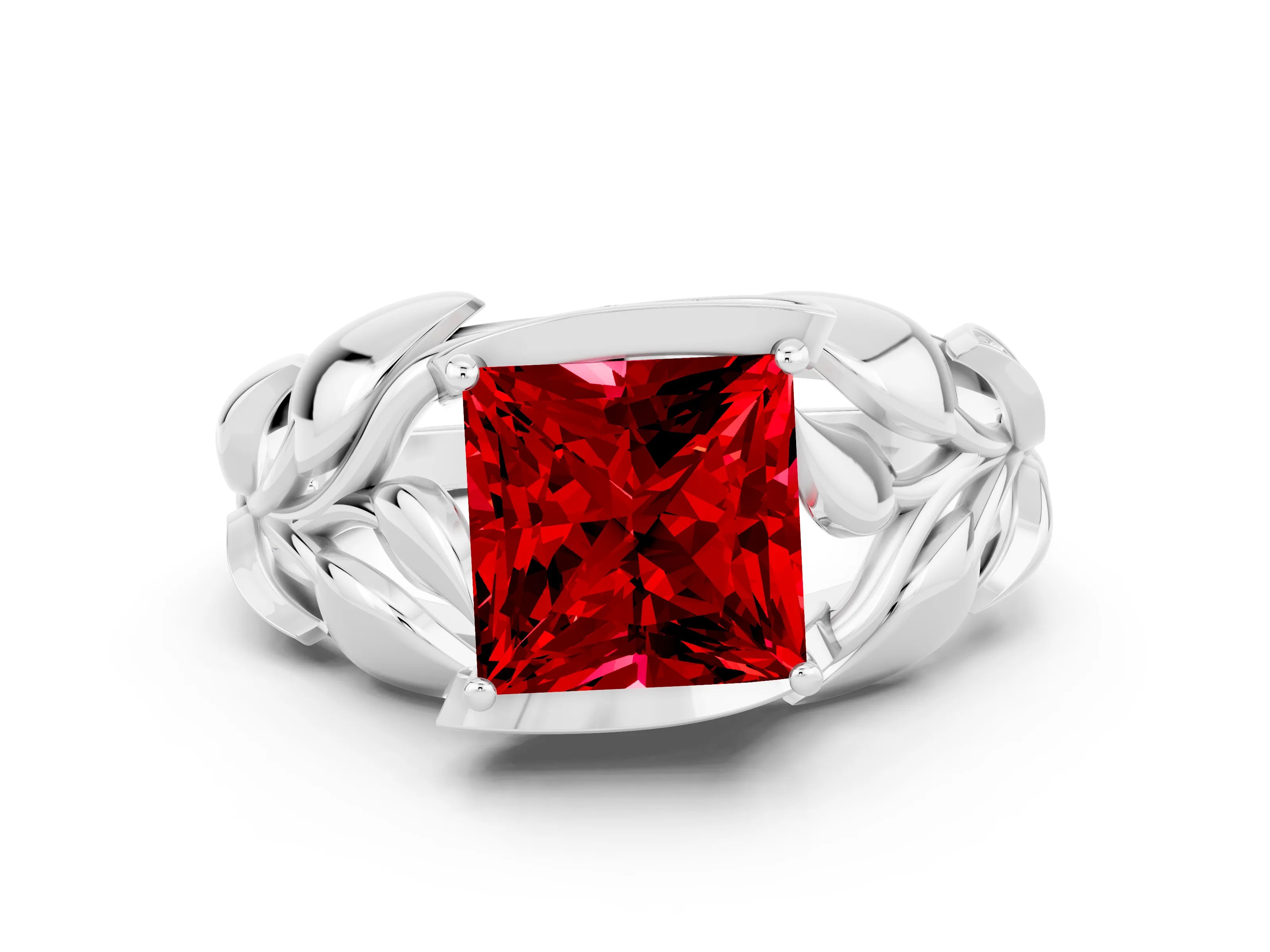 White gold Princess Cut Solitaire Leaf-Inspired Engagement Ring with Prong Setting