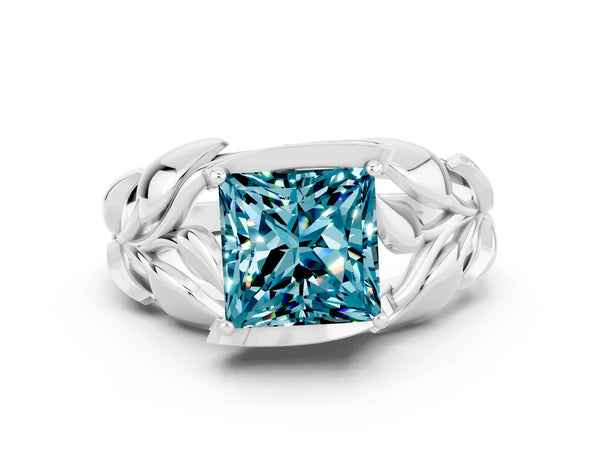 Silver Princess Cut Solitaire Leaf-Inspired Engagement Ring with Prong Setting