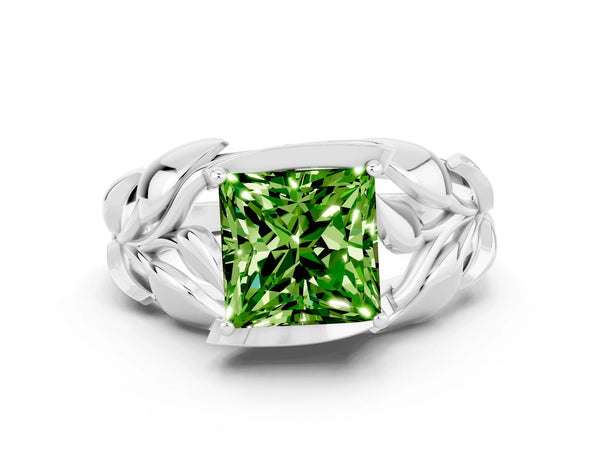 Silver Princess Cut Solitaire Leaf-Inspired Engagement Ring with Prong Setting