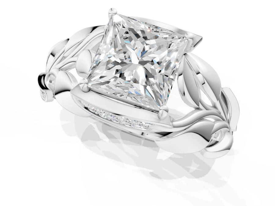 White gold Princess Cut Solitaire Leaf-Inspired Engagement Ring with Prong Setting