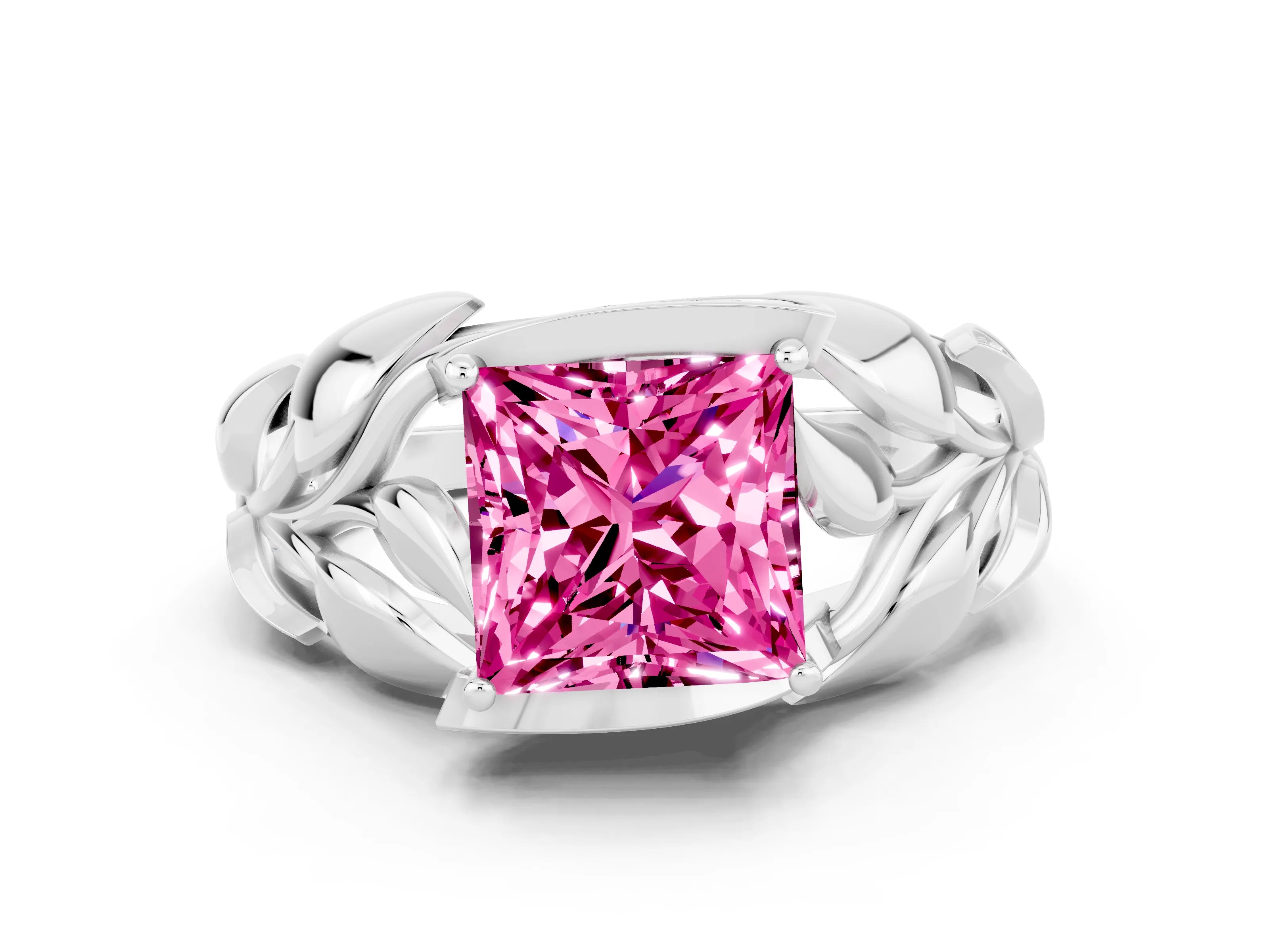 White gold Princess Cut Solitaire Leaf-Inspired Engagement Ring with Prong Setting