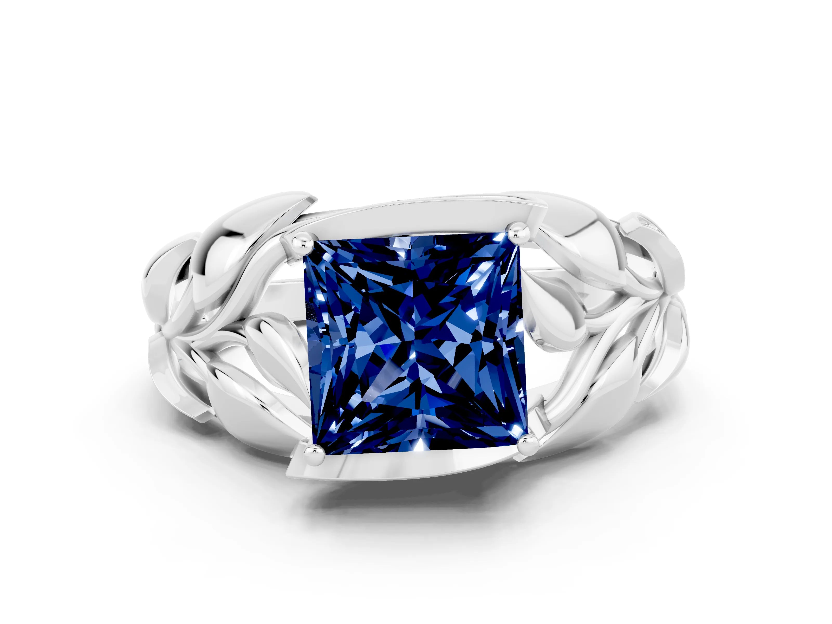 White gold Princess Cut Solitaire Leaf-Inspired Engagement Ring with Prong Setting