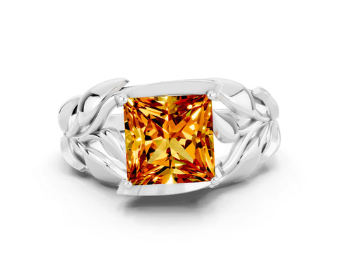 White gold Princess Cut Solitaire Leaf-Inspired Engagement Ring with Prong Setting