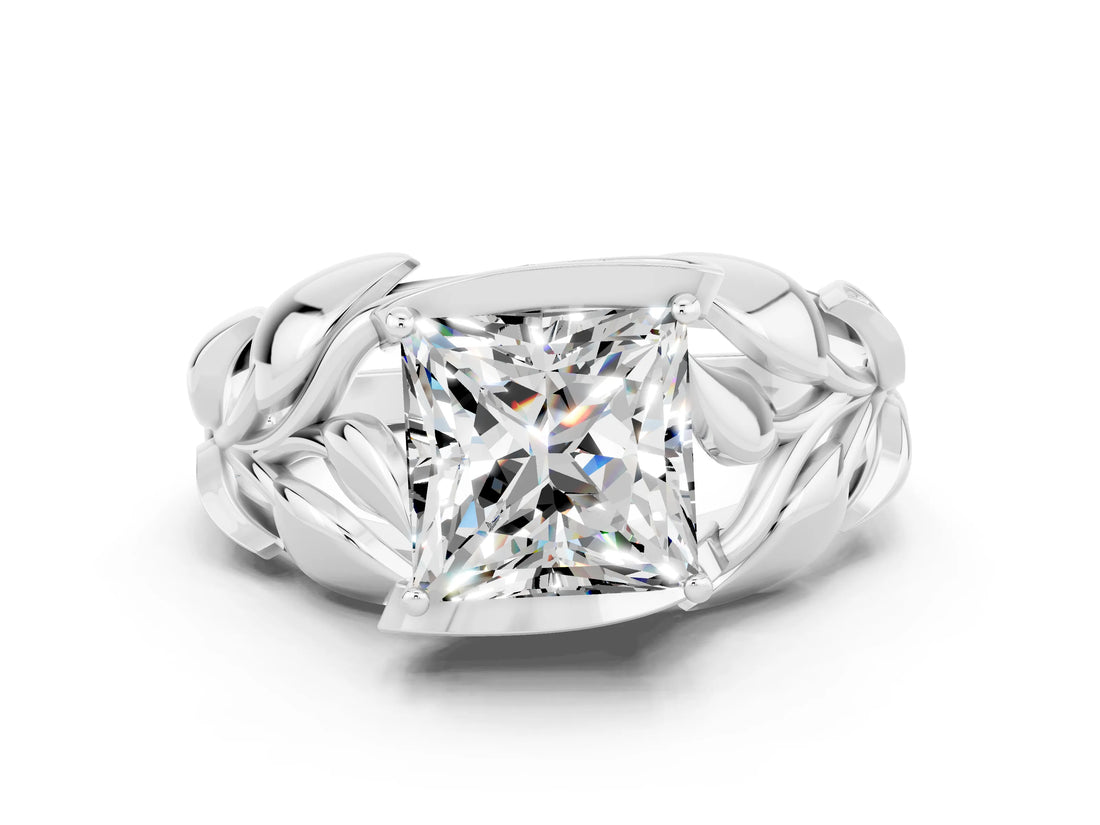 White gold Princess Cut Solitaire Leaf-Inspired Engagement Ring with Prong Setting
