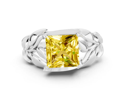 White gold Princess Cut Solitaire Leaf-Inspired Engagement Ring with Prong Setting