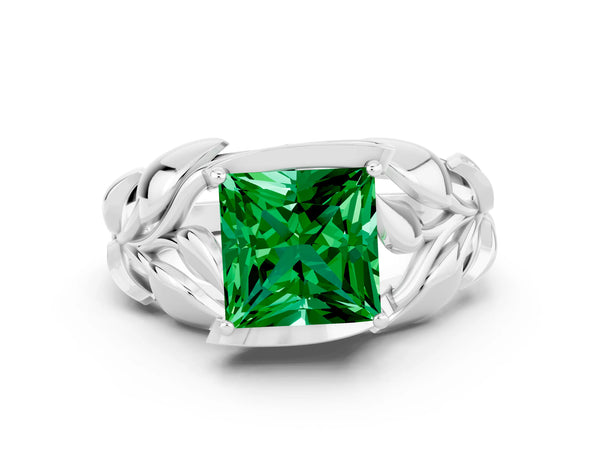 Silver Princess Cut Emerald Leaf-Inspired Engagement Ring with Round Accents and Prong Setting