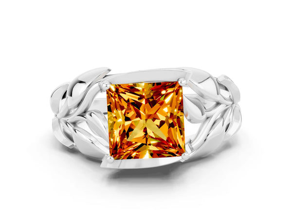 Silver Princess Cut Citrine Leaf-Inspired Engagement Ring with Round Accents and Prong Setting
