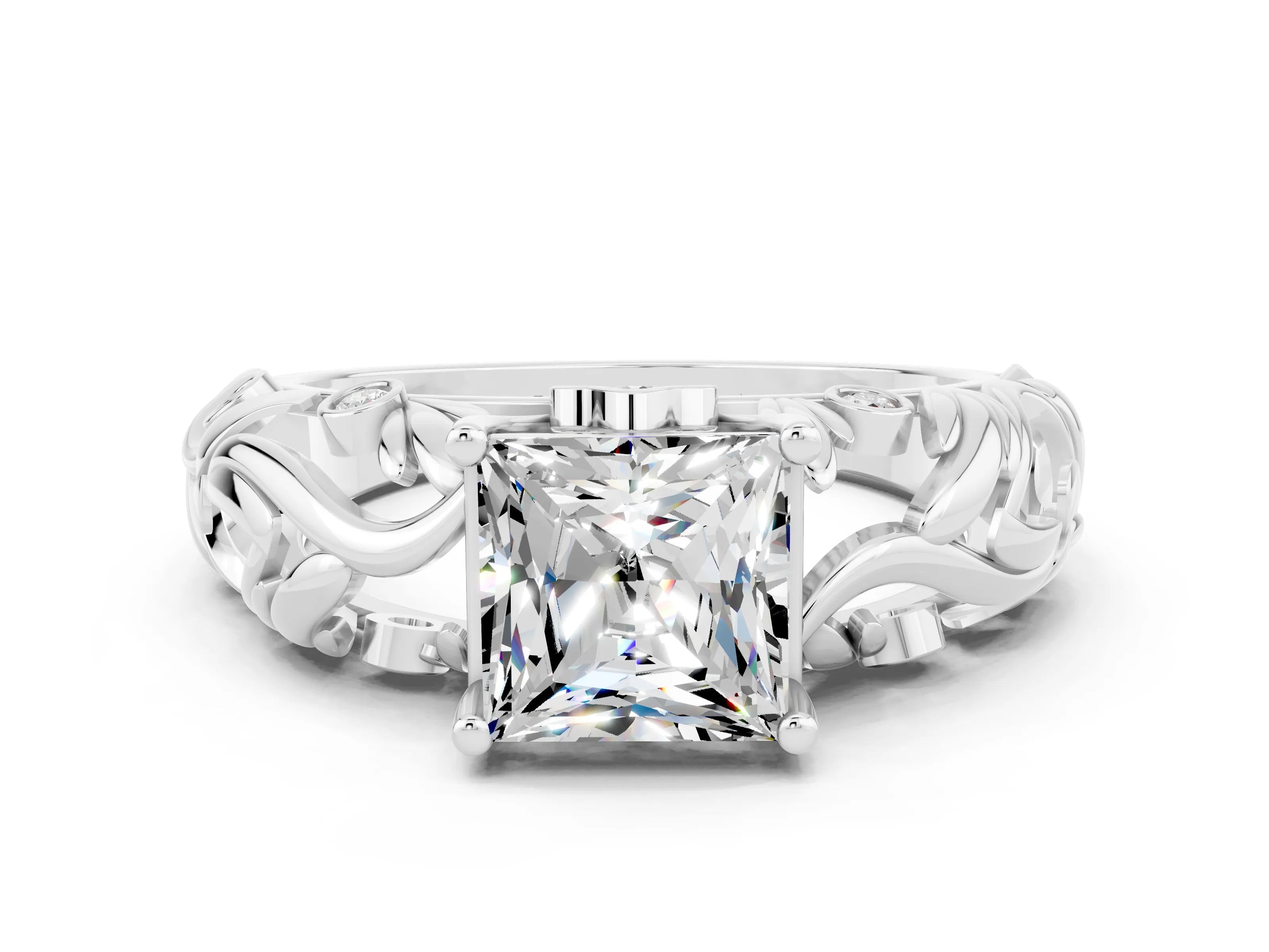 White gold Princess Cut Solitaire Moissanite Leaf-Inspired Vine Band Ring with Prong Setting