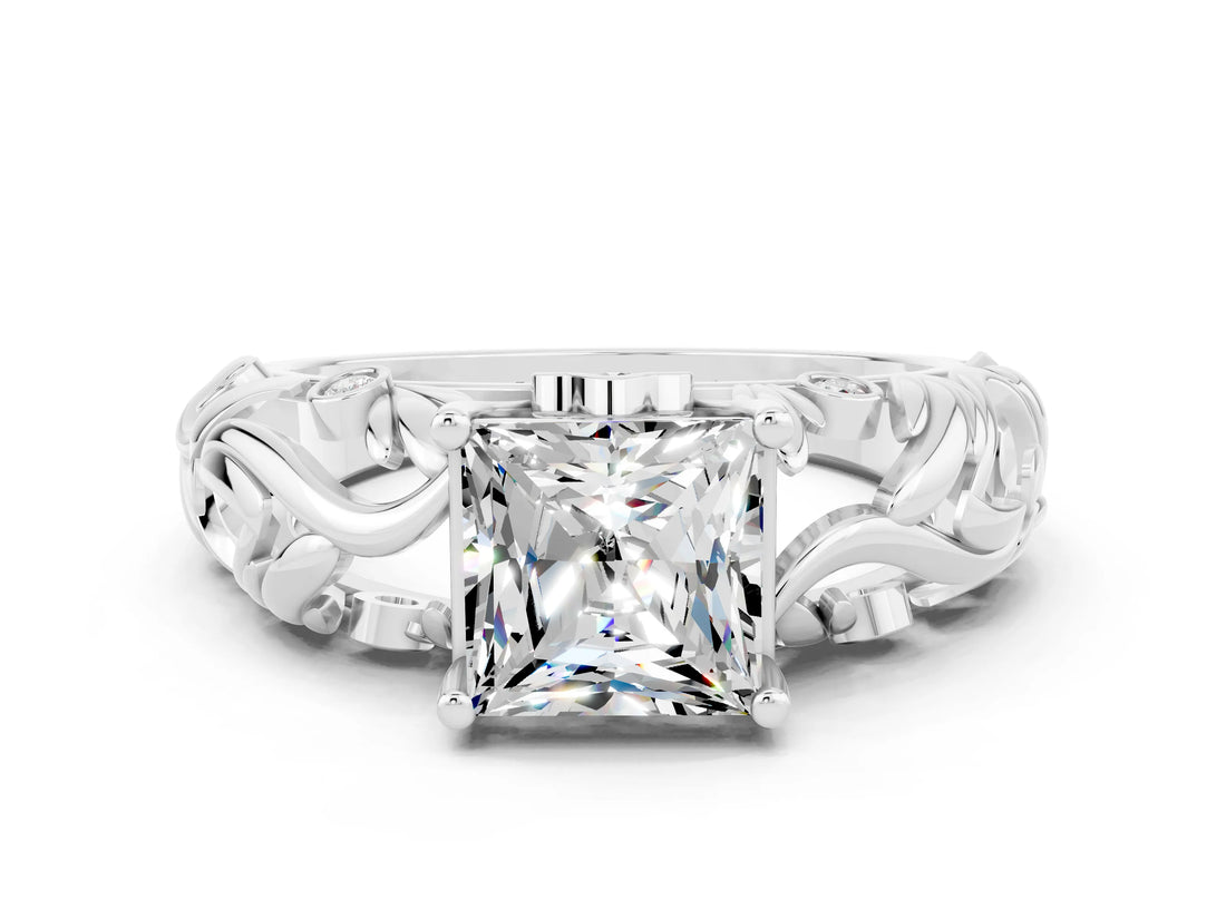 White gold Princess Cut Solitaire Moissanite Leaf-Inspired Vine Band Ring with Prong Setting