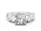 White gold Princess Cut Solitaire Moissanite Leaf-Inspired Vine Band Ring with Prong Setting