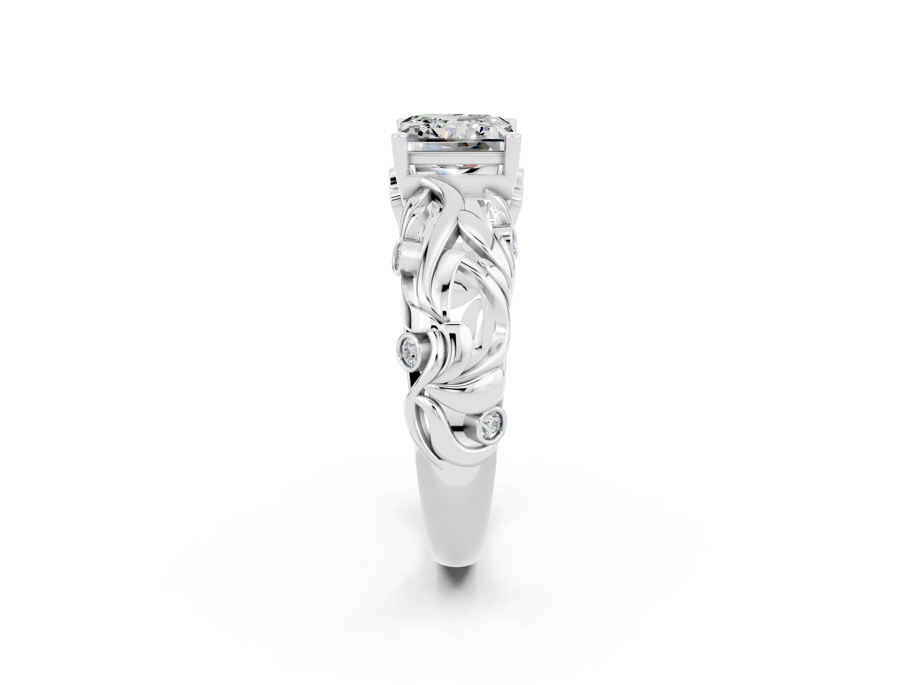 White gold Princess Cut Solitaire Moissanite Leaf-Inspired Vine Band Ring with Prong Setting_2
