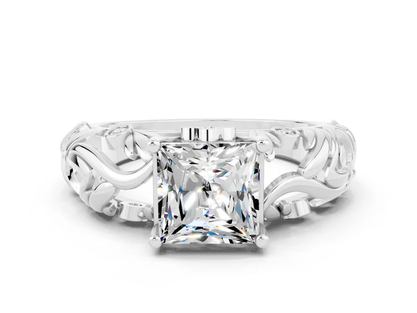 White gold Princess Cut Solitaire Moissanite Leaf-Inspired Vine Band Ring with Prong Setting