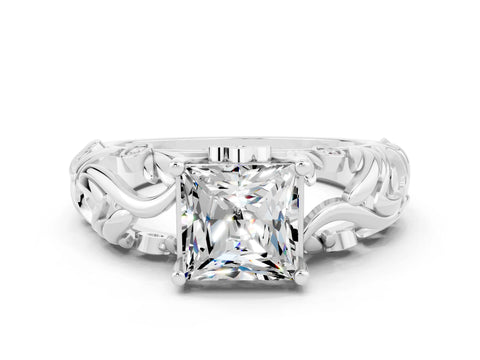 White gold Princess Cut Solitaire Moissanite Leaf-Inspired Vine Band Ring with Prong Setting