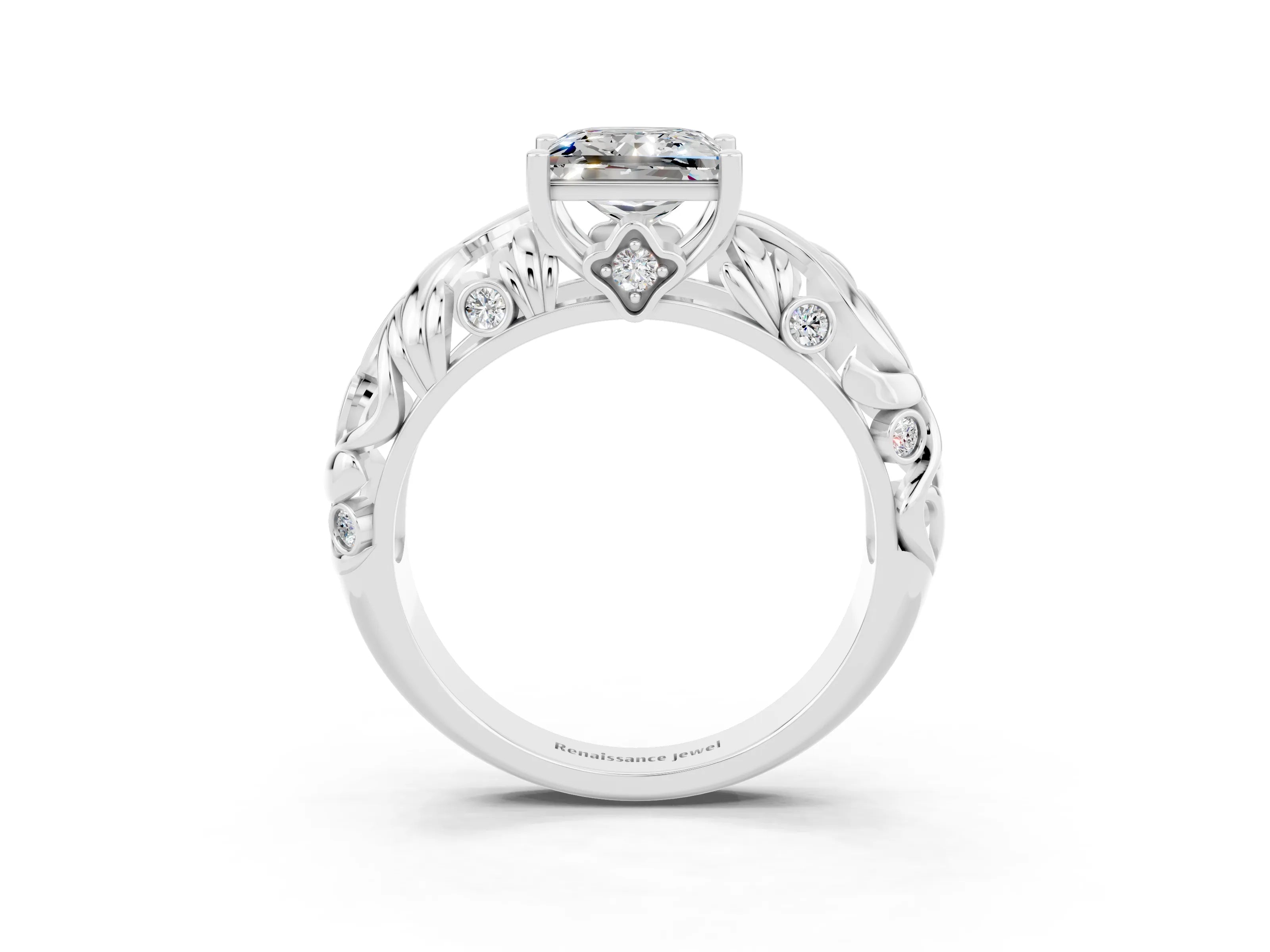 White gold Princess Cut Solitaire Moissanite Leaf-Inspired Vine Band Ring with Prong Setting_3