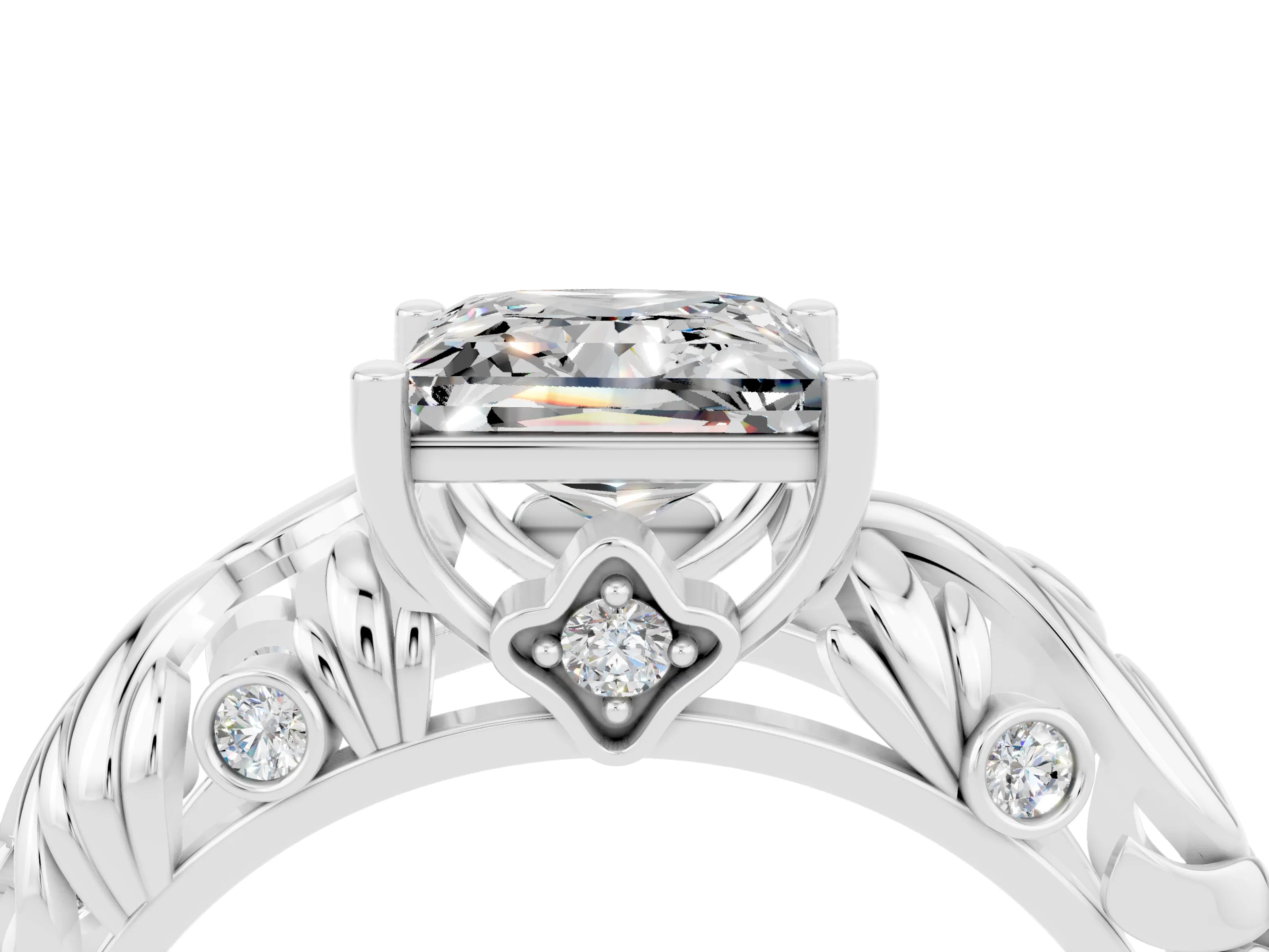 White gold Princess Cut Solitaire Moissanite Leaf-Inspired Vine Band Ring with Prong Setting_4