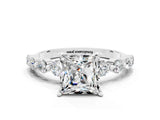 White gold Princess Cut Solitaire Moissanite Ring with Pave Band and Four-Prong Setting