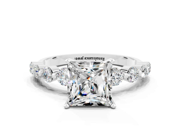 Platinum Princess Cut Solitaire Moissanite Ring with Pave Band and Four-Prong Setting