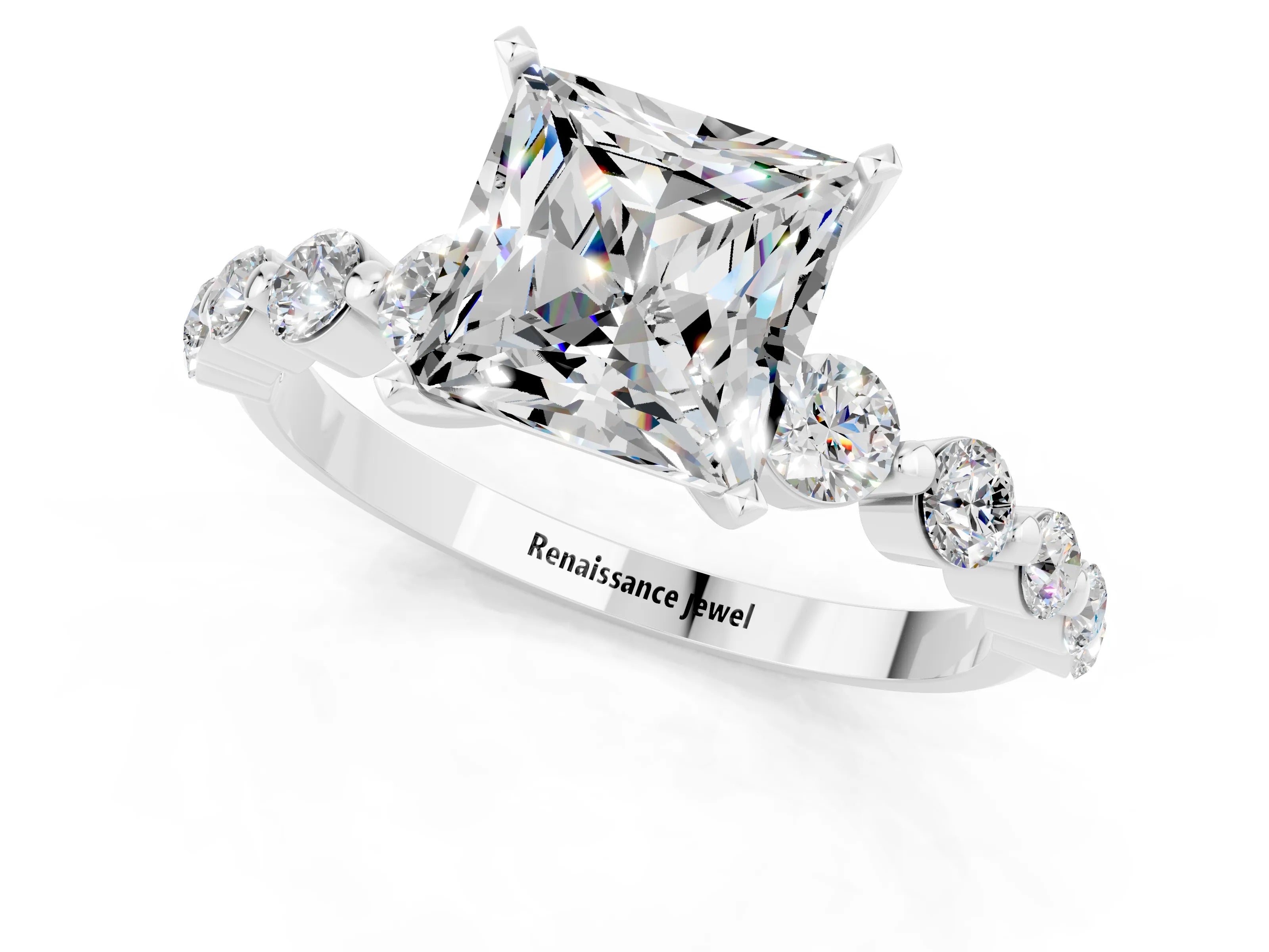 White gold Princess Cut Solitaire Moissanite Ring with Pave Band and Four-Prong Setting_1