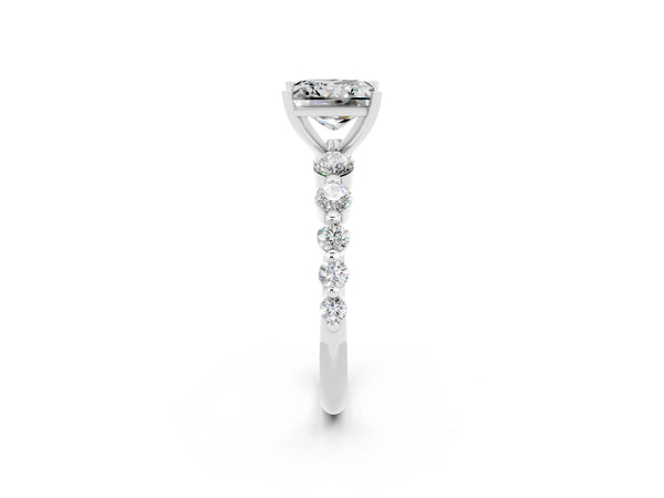 Silver Princess Cut Solitaire Moissanite Ring with Pave Band and Four-Prong Setting