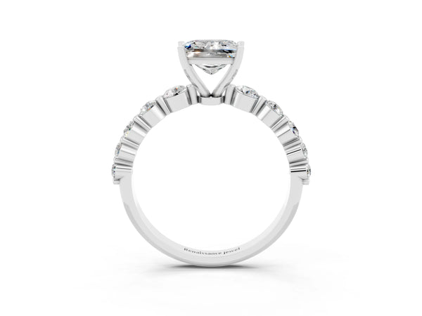 Platinum Princess Cut Solitaire Moissanite Ring with Pave Band and Four-Prong Setting