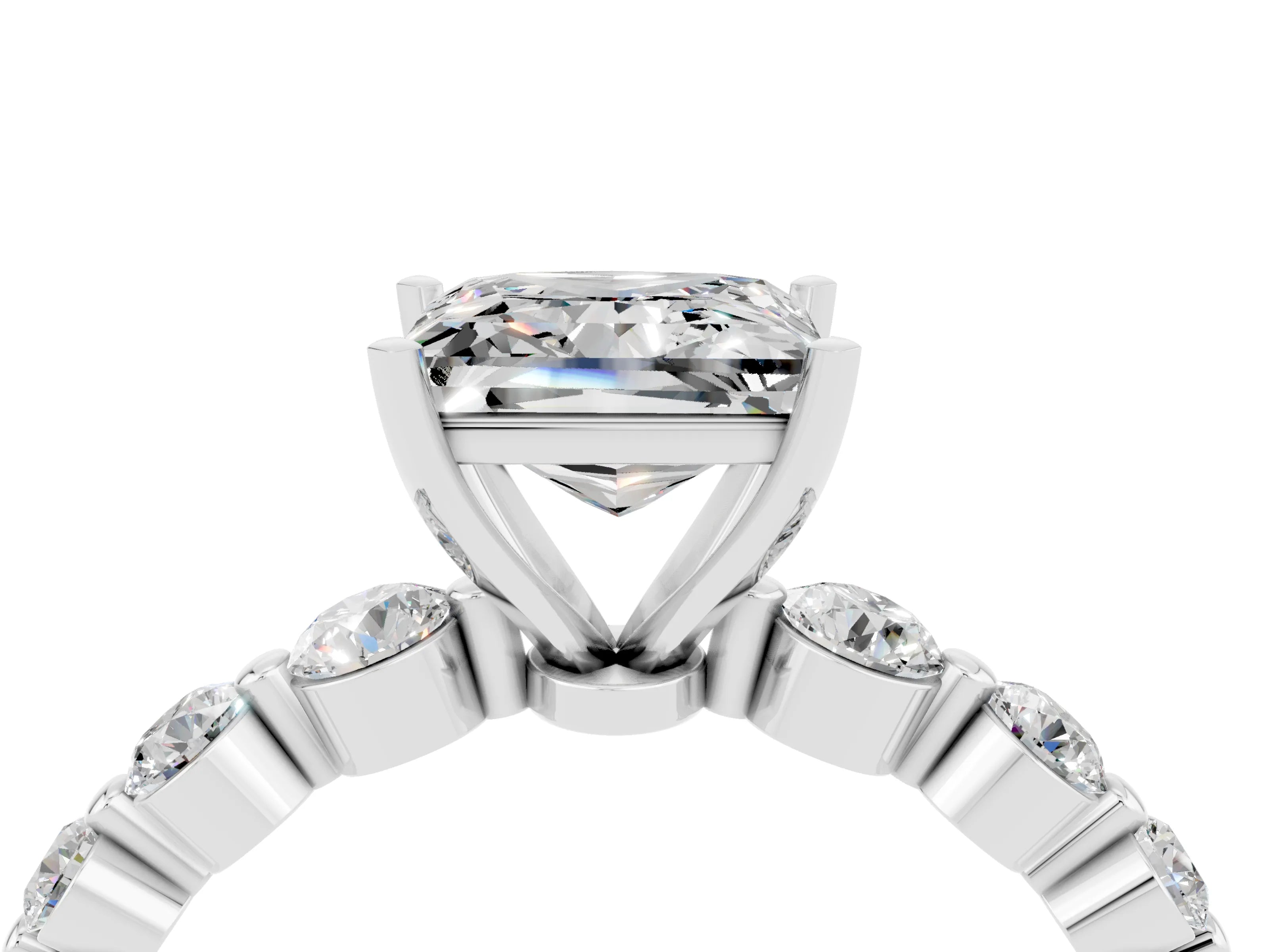 White gold Princess Cut Solitaire Moissanite Ring with Pave Band and Four-Prong Setting_4