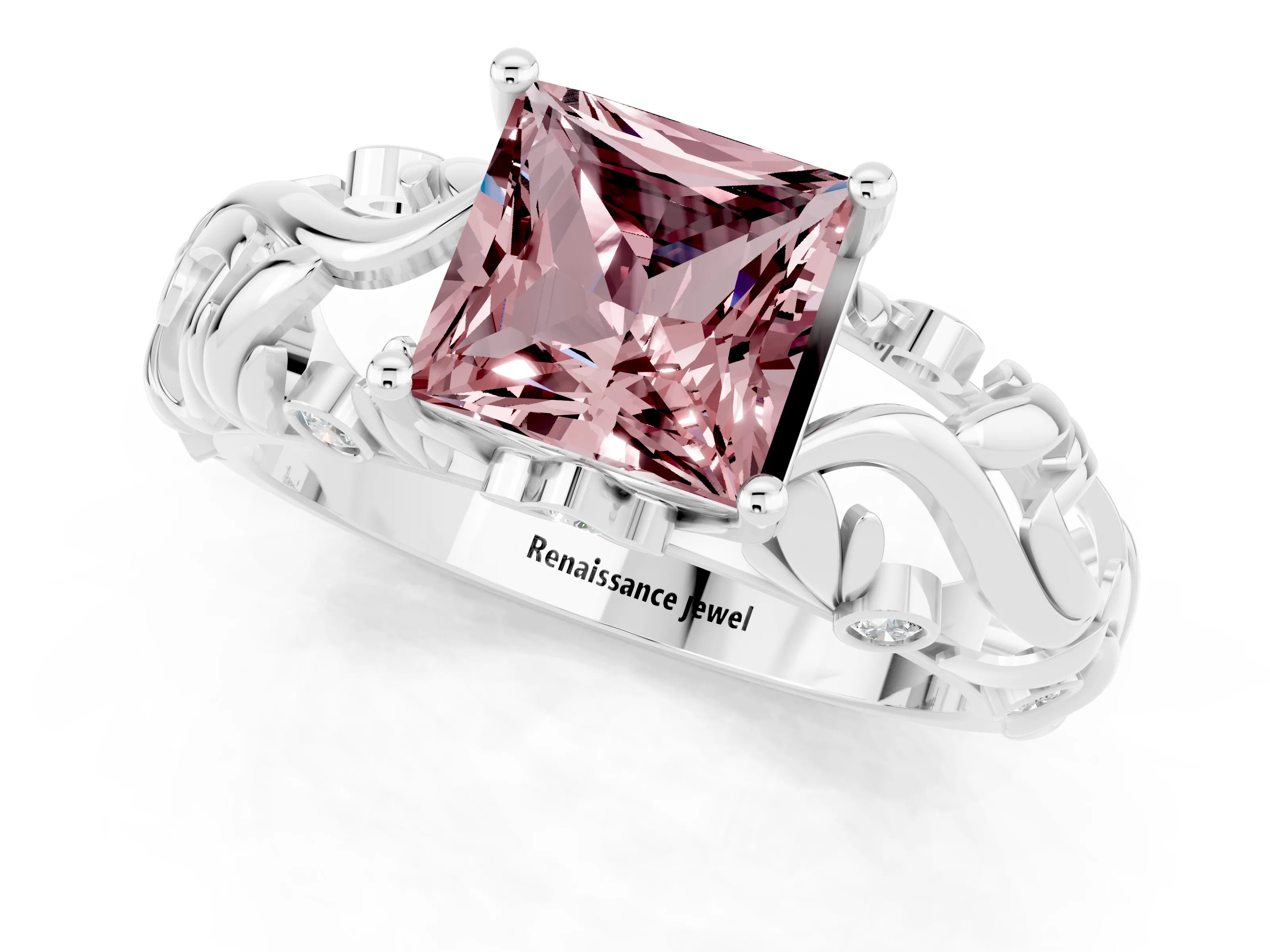 White gold Princess Cut Solitaire Morganite Leaf-Inspired Vine Band Ring with Prong Setting_1