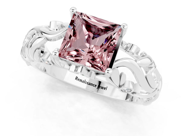 White gold Princess Cut Solitaire Morganite Leaf-Inspired Vine Band Ring with Prong Setting