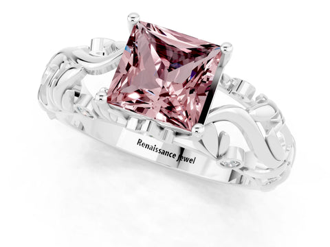 White gold Princess Cut Solitaire Morganite Leaf-Inspired Vine Band Ring with Prong Setting_1
