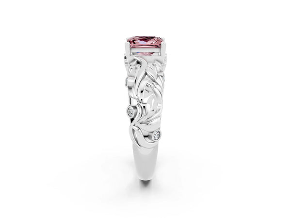 Platinum Princess Cut Solitaire Morganite Leaf-Inspired Vine Band Ring with Prong Setting