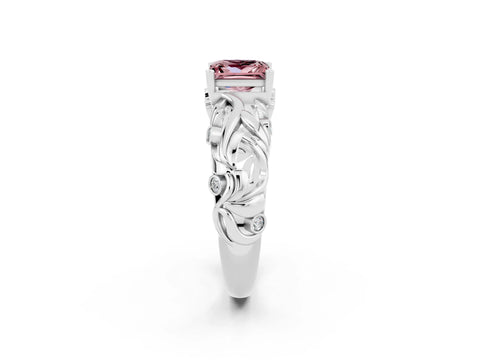 White gold Princess Cut Solitaire Morganite Leaf-Inspired Vine Band Ring with Prong Setting_2