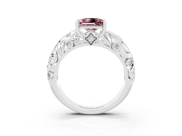 Platinum Princess Cut Solitaire Morganite Leaf-Inspired Vine Band Ring with Prong Setting