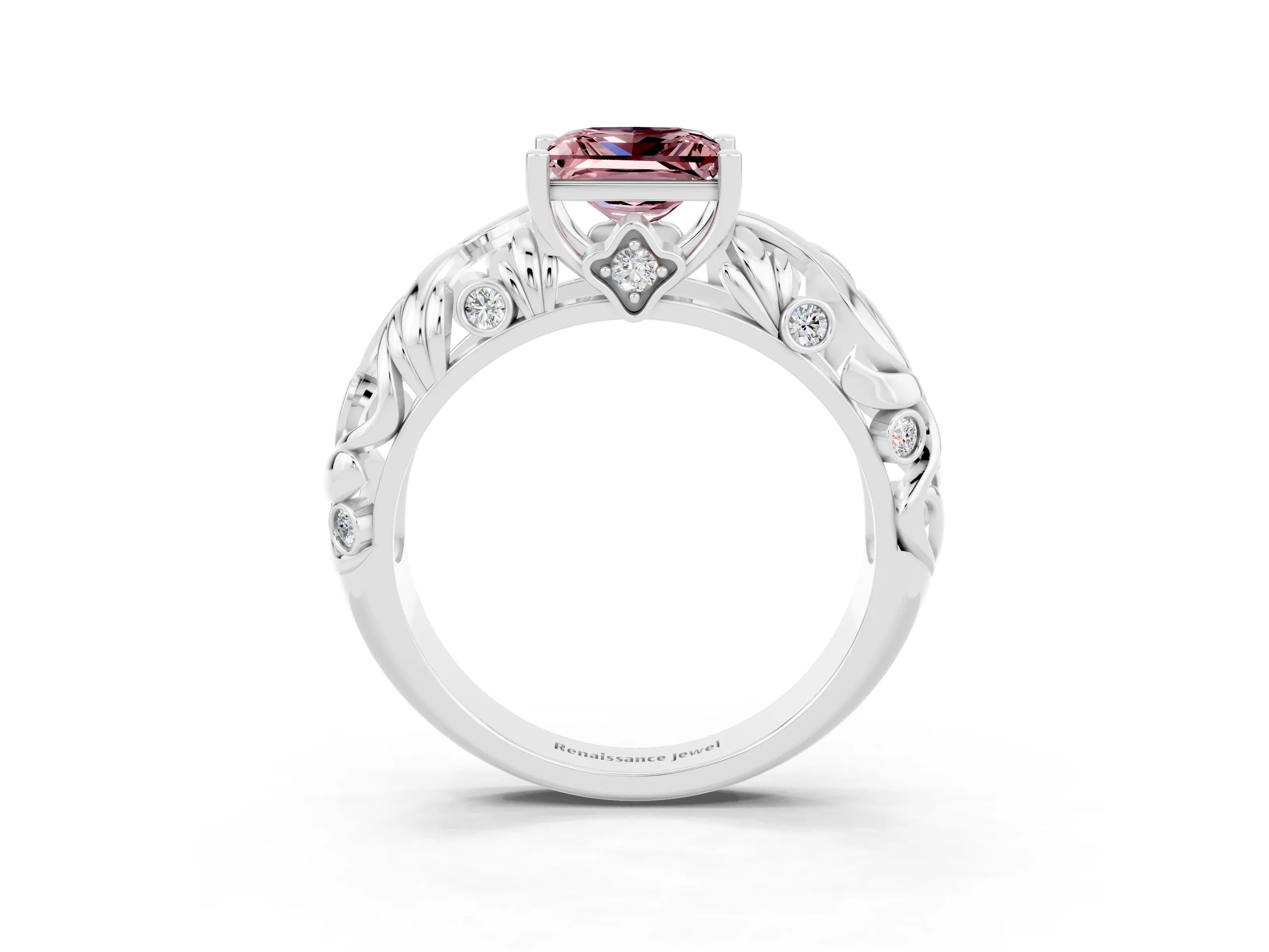 White gold Princess Cut Solitaire Morganite Leaf-Inspired Vine Band Ring with Prong Setting_3