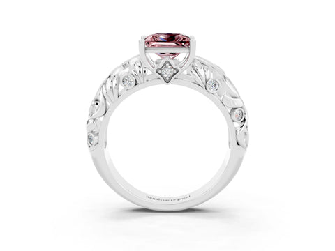 White gold Princess Cut Solitaire Morganite Leaf-Inspired Vine Band Ring with Prong Setting_3