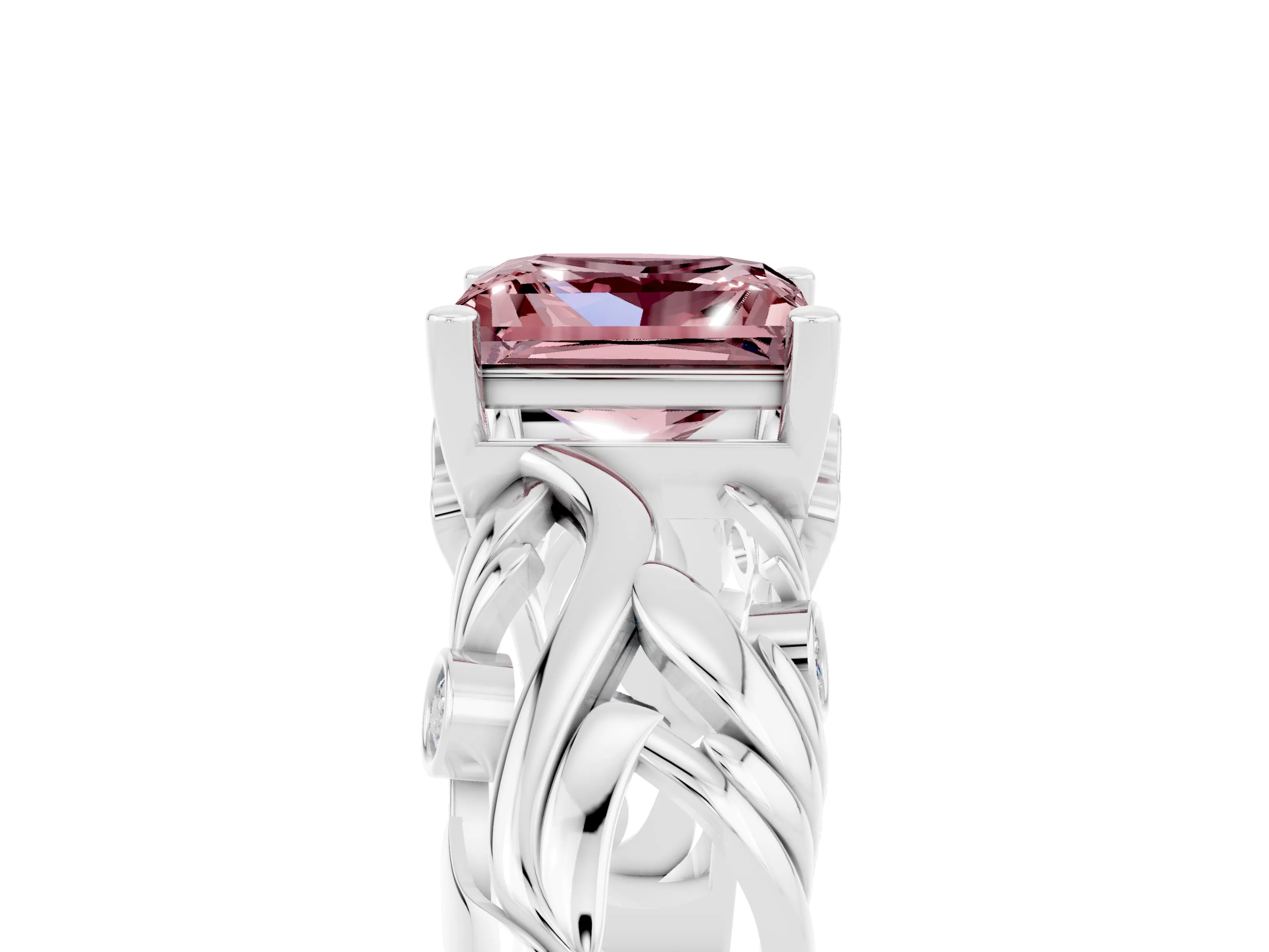 White gold Princess Cut Solitaire Morganite Leaf-Inspired Vine Band Ring with Prong Setting_5