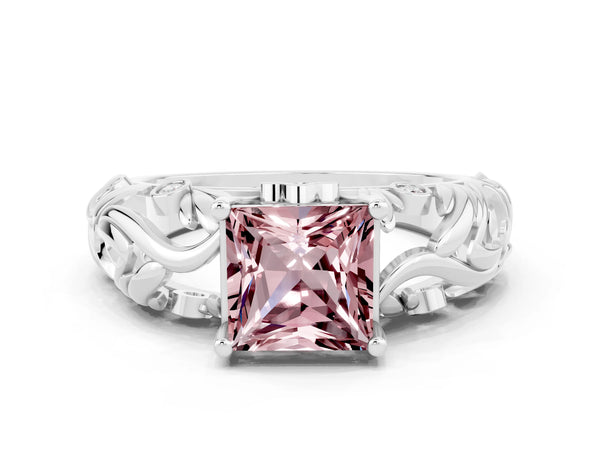 Silver Princess Cut Solitaire Morganite Leaf-Inspired Vine Band Ring with Prong Setting
