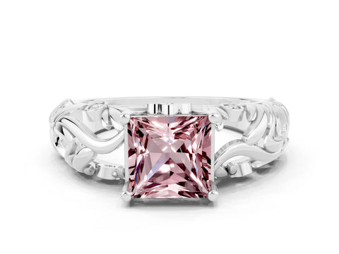 White gold Princess Cut Solitaire Morganite Leaf-Inspired Vine Band Ring with Prong Setting