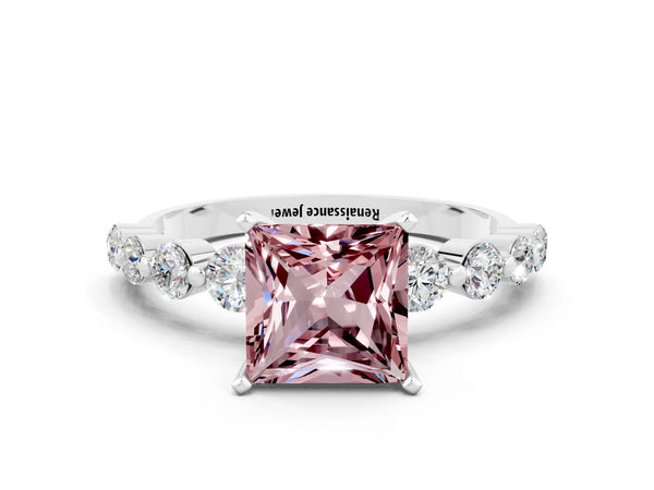 Platinum Princess Cut Solitaire Morganite Ring with Pave Band and Four-Prong Setting