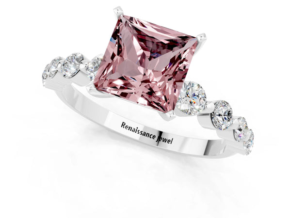 Platinum Princess Cut Solitaire Morganite Ring with Pave Band and Four-Prong Setting