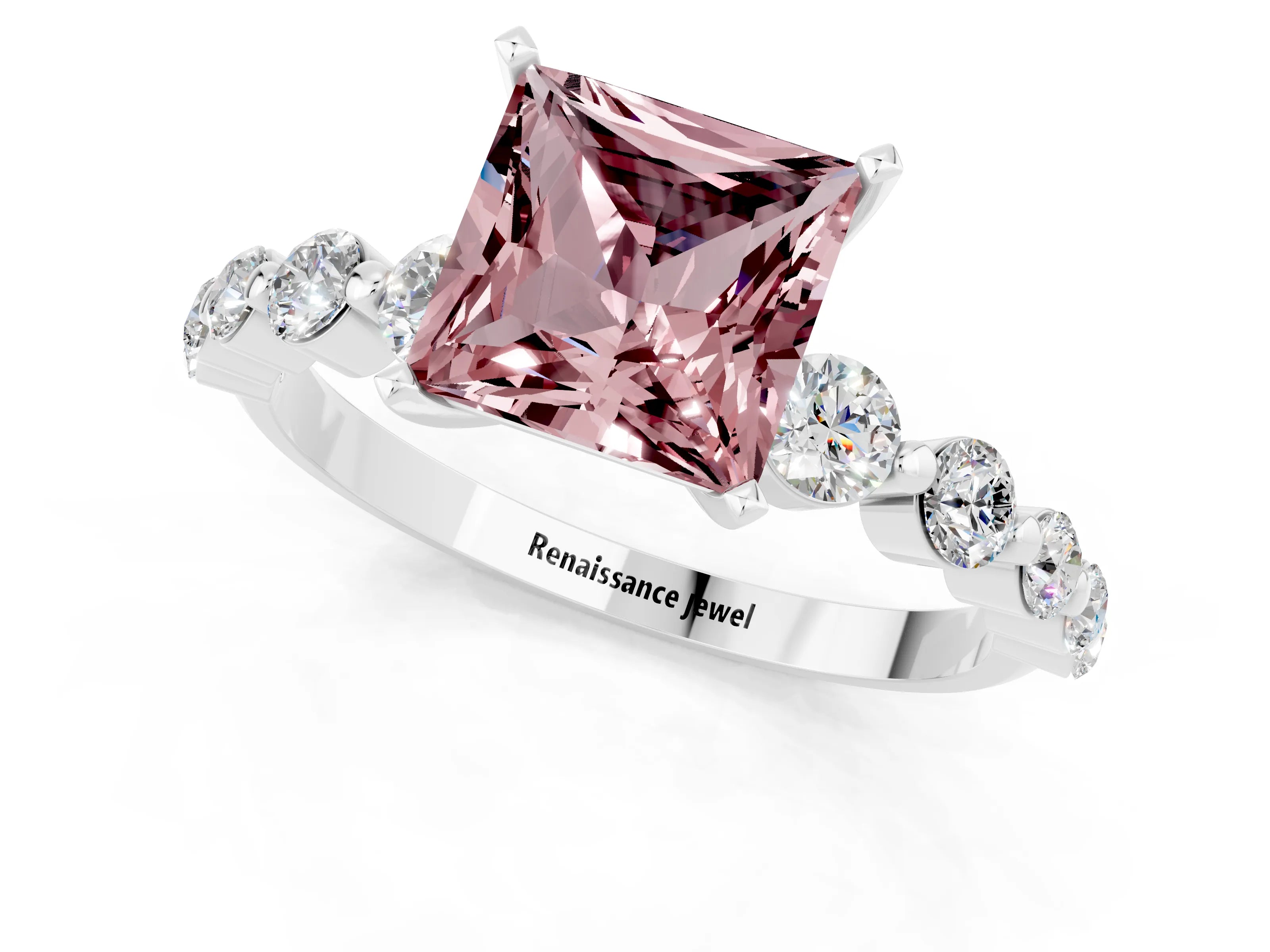 White gold Princess Cut Solitaire Morganite Ring with Pave Band and Four-Prong Setting_1