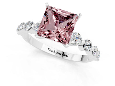White gold Princess Cut Solitaire Morganite Ring with Pave Band and Four-Prong Setting_1
